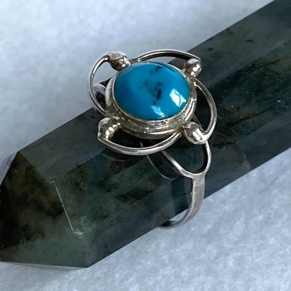 Sterling Silver 925 Faux Turquoise Modern Ring Floral Pinwheel Size 7 Openwork - Picture 3 of 10